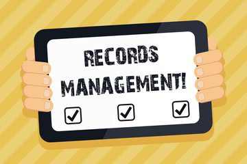 Text sign showing Records Management. Business photo text administration of records and documented information Color Tablet Smartphone with Blank Screen Handheld from the Back of Gadget