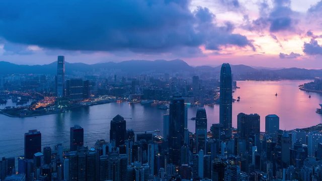 Time lapse of Hong Kong city downtown at sunrise, Victoria peak, Hong Kong