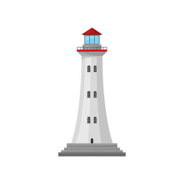 Lighthouse with a red roof. Vector illustration.