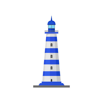 Blue striped lighthouse. Vector illustration on white background.