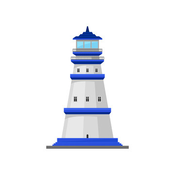 Lighthouse with blue stripes. Vector illustration on white background.