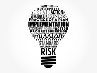 Implementation light bulb word cloud collage, business concept background