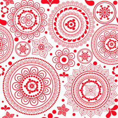 Seamless monochrome red pattern with circles and flowers