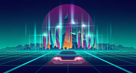 Foto op Canvas Future city digital simulation in virtual reality cartoon vector futuristic background. Racing car going on glossy surface with neon grid to metropolis illuminated skyscrapers buildings illustration © vectorpocket