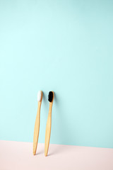 Bamboo teeth brush on minimalistic backgroud. zero waste concept, 3d rendering imitation background, eco friendly modern creative idea, copy space