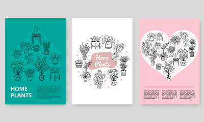 Cute plants in pots on postcards. Hand-drawn monochrome vector illustration. Natural design elements can be used for banners, logos, websites or ads.