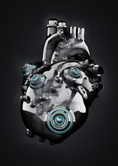 Artificial mechanic chrome heart isolated on black. 3D illustration