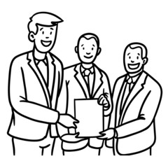Vector drawing of three businessmen holding a contract in their hands and laughing happily. outline illustration in black and white