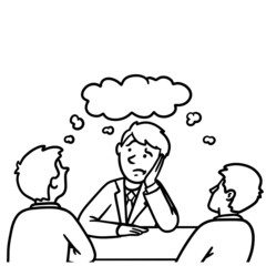 Vector illustration of three businessmen at a table looking together thoughtfully and thoughtfully. thought bubble, comic, line drawing, black and white.
