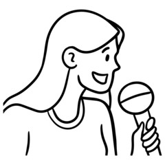 Vector illustration of a woman holding a microphone in hand and laughing asking a question. black white cartoon drawing.