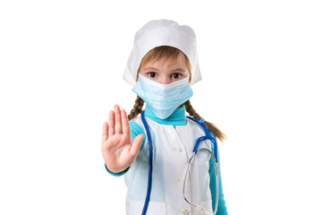 Female nurse doing stop sign with palm wearing medical mask. Warning expression with negative and serious gesture.