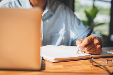 Image of businessman working at work table,home office desk background, Desk musicians,checklist...