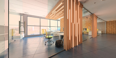 Modern computer office interior with a beautiful view. 3d rendering.