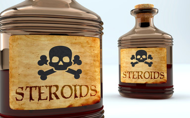 Dangers and harms of steroids pictured as a poison bottle with word steroids, symbolizes negative aspects and bad effects of unhealthy steroids, 3d illustration