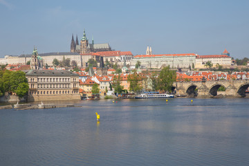 City Prague, Czech Republic. View to the river and bridges from river Vltava. Spring. 2019. 24. April. Travel photo.