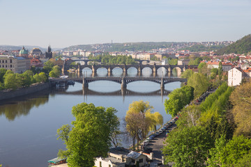 City Prague, Czech Republic. View from the mountain to the river and bridges. Spring. 2019. 24. April.