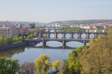 Fototapeta na wymiar City Prague, Czech Republic. View from the mountain to the river and bridges. Spring. 2019. 24. April.