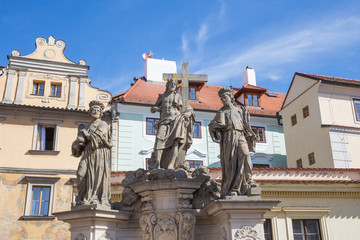 City Prague, Czech Republic. Three sacred sculptures at the Charles Bridge, art. Travel photo 2019....