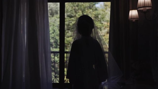 Silhouette of a bride, covered with a veil, near the window.