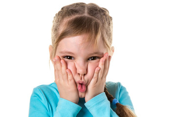 Close up isolated portrait of annoyed angry girl holding hands on her cheecks. Negative human emotions, face expressions. White isolated background