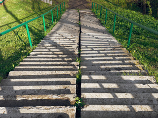 concrete staircase on a steep slope of green grass