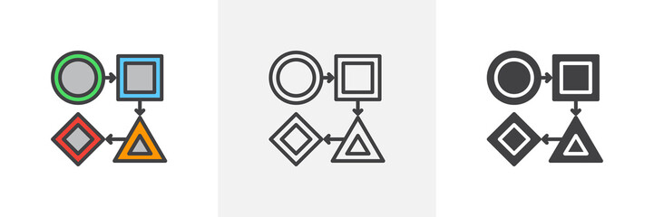 Workflow icon. Line, glyph and filled outline colorful version, Graph chart diagram outline and filled vector sign. Symbol, logo illustration. Different style icons set