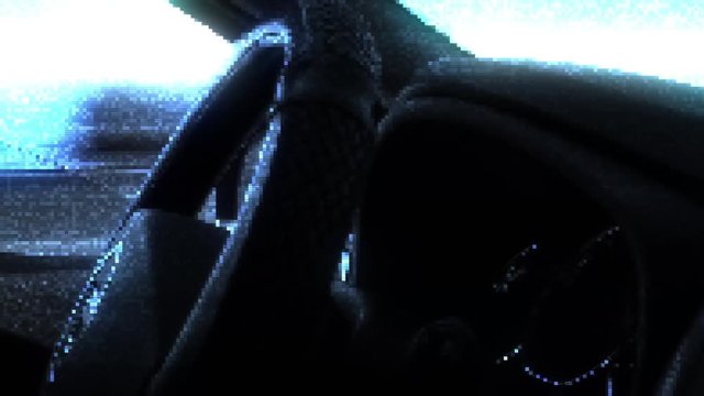 Intentional distortion artifacts (holographic transmission): a fake driverless car, apparently no hands on the steering wheel. Detail shot, seen from the front passenger's seat.