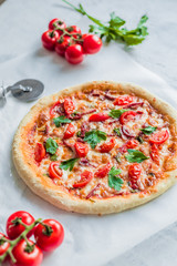 Pizza with mozzarella and tomatoes on the table