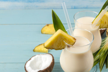 Cocktail Pina Colada. Pina Colada refreshing summer alcoholic cocktail with coconut milk and...