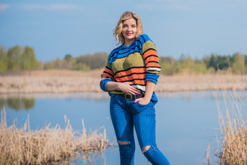 Stylish nice blonde head woman at street, natural beauty, modern lady, l or xl size, plus size...