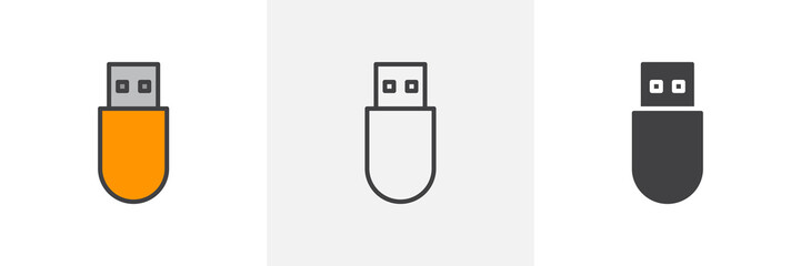 Usb stick icon. Line, glyph and filled outline colorful version, Flash drive pen outline and filled vector sign. Symbol, logo illustration. Different style icons set. Vector graphics