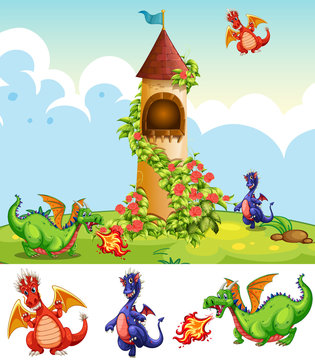 Set of dragons in castle scenery