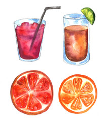 Cocktail drink summer orange lime watercolor hand drawn