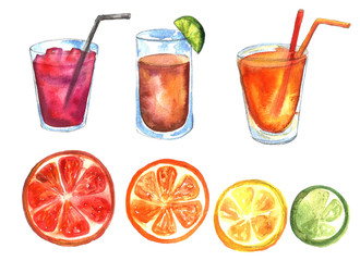 Cocktail drink summer orange lime watercolor hand drawn