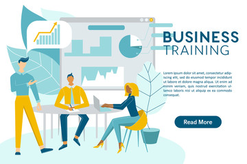 Business training concept web banner with the place for your text. Business meeting, training staff, corporate meeting, business seminar, employee training, co-working. Man talking before colleagues