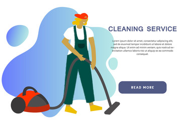 Cleaning service modern concept for your banner, advertisement, flyer or website with the place for your text. House cleaner in uniform vacuuming during household chores. 