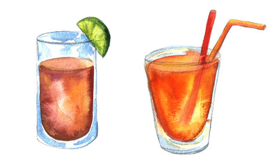 Cocktail drink summer orange lime watercolor hand drawn