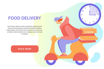 Fototapeta na wymiar Deliveryman on the way to customer on the abstract background. Courier delivers pizza on a scooter. Online food delivery service banner concept with the place for your text.