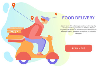 Deliveryman on the way to customer on the abstract background. Courier delivers pizza on a scooter. Online food delivery service banner concept with the place for your text. 