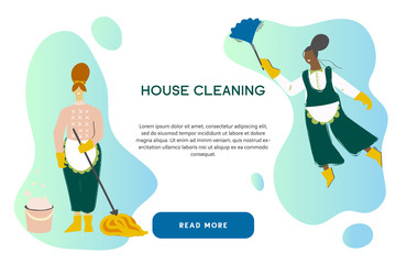 Cleaning service modern concept for your banner, advertisement, flyer or website with the place for your text. Cleaning team in uniform performs various types of works during household chores. 