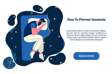 Male insomniac lying in bed at night. Tired man suffer from sleeping disorder, insomnia, nightmare, sleeplessness. Sleepy character trying to fall asleep. How to prevent insomnia banner template.