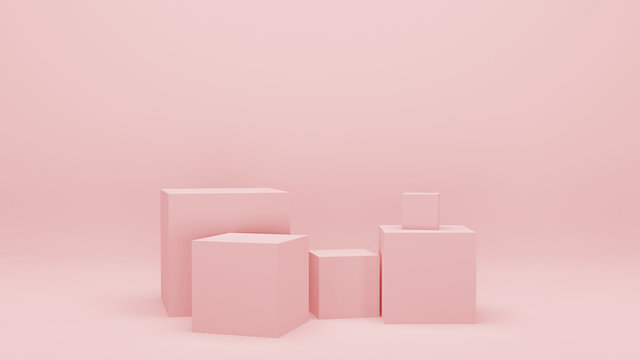 Pink empty room with geometric shapes, stands and empty walls, realistic 3d illustration. Minimalist blank scene with squares, modern graphic design. © winvic