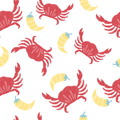 Hand drawn seafood pattern with crabs and pepper. Freehand marine products perfect for shop or restaurant menu, flyer, banner and print design. 