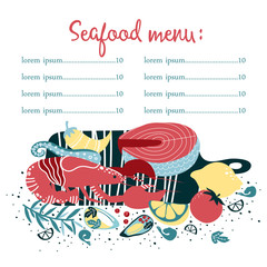 Set of colorful hand drawn seafood elements: crawfish, lobster, shrimps, lemon, octopus, shells, oysters, salmon, fish and spicies, crustaceans. Freehand restaurant menu, flyer, banner, print design.
