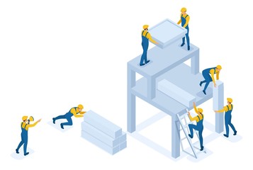 Isometric team of builders create a building