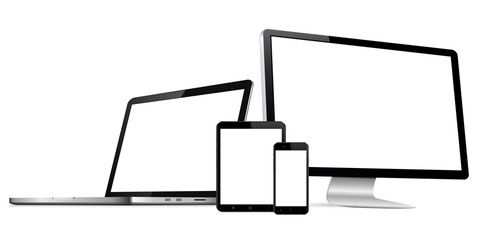 Responsive web design computer display with laptop and tablet pc with mobile phone isolated