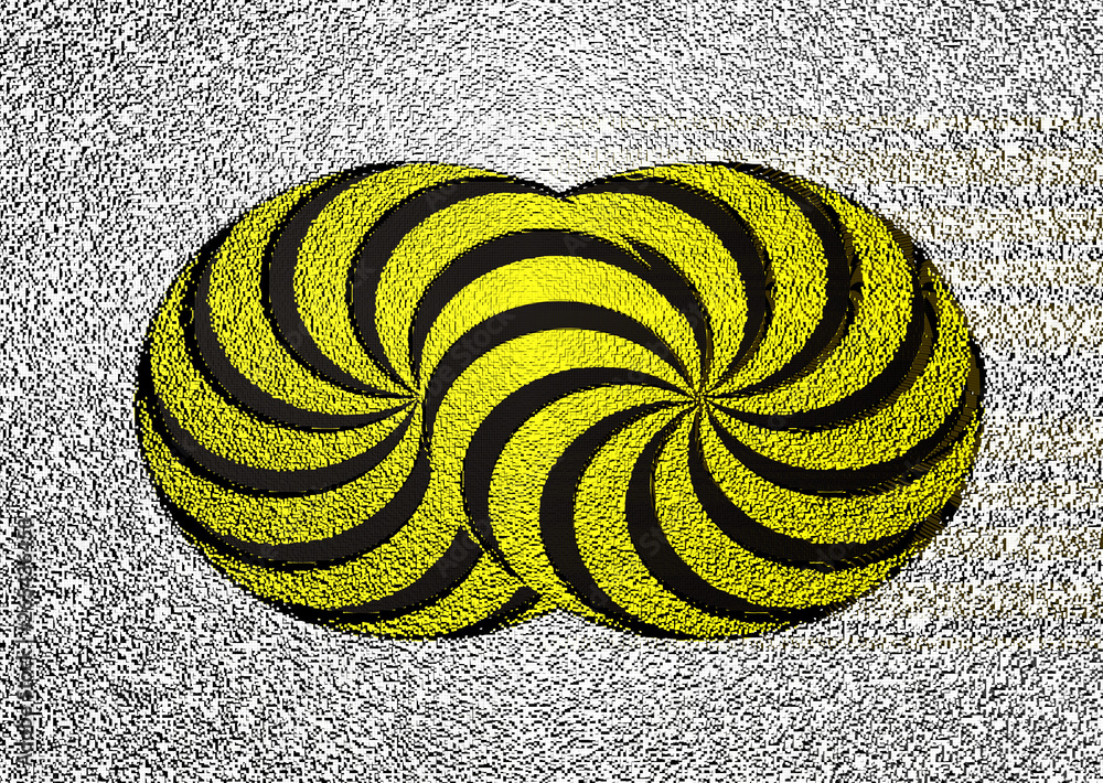 Poster cubic mosaic pixels glitch effect of twisted shapes , yellow circles with black stripes on white bac