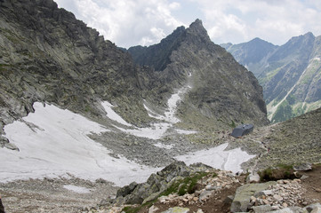 Amazing panoramic hikers view to the valley with cottage in High Tatra mountais on the way to mount Rysy