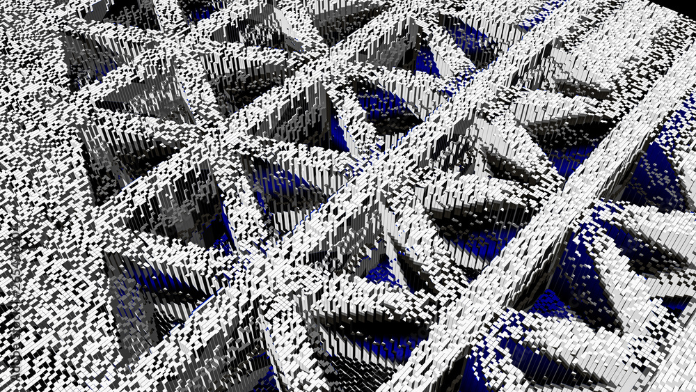 Poster abstract three-dimensional triangles, cubic pixel mosaic technique, 3d render