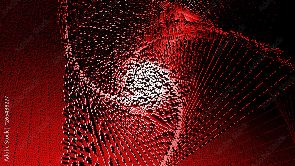 Poster cubic mosaic of pixels with glitch effect , the abstract technological background logo on a red back